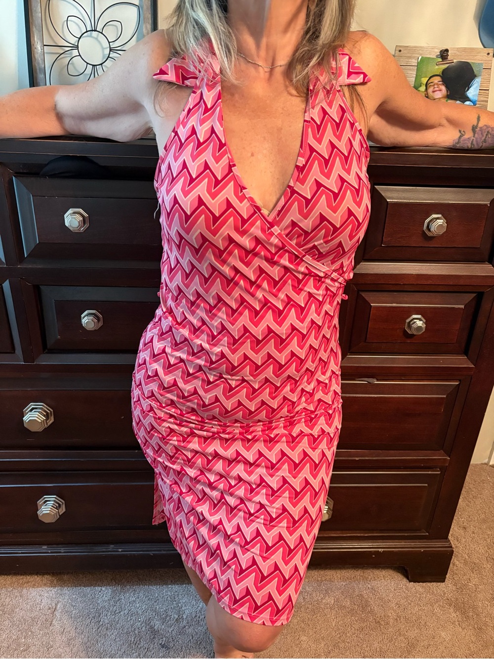Pink Chevron Backless Halter Faux Wrap Dress